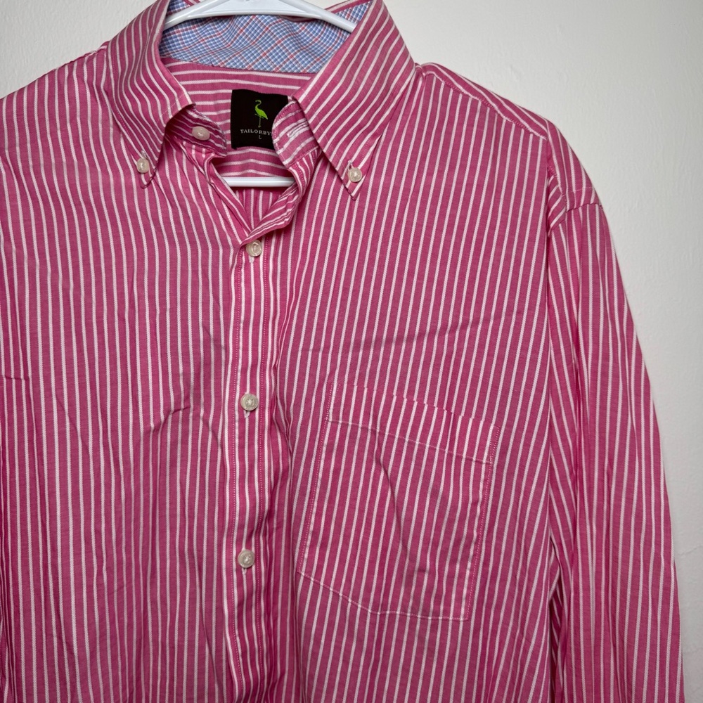 TailorByrd Men's Button-Down Shirt L Pink White Stripe Flamingo Logo